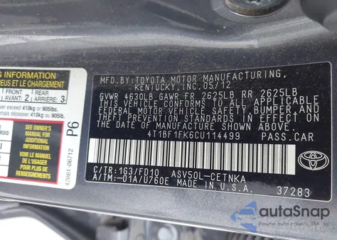 2012 Toyota Camry Le from USA, damaged, VIN 4T1BF1FK6CU114499